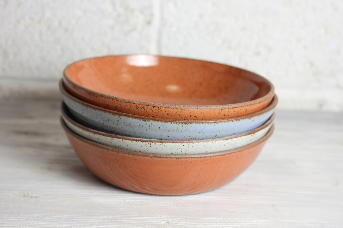 Set of 4 pasta bowls. 2 x apricot, 1 x white, 1 x blue. Seconds Sale #27