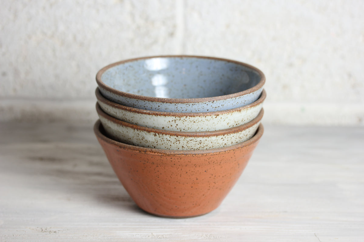 Set of 4 cereal bowls. 1 x apricot, 2 x white, 1 x blue. Seconds Sale #28