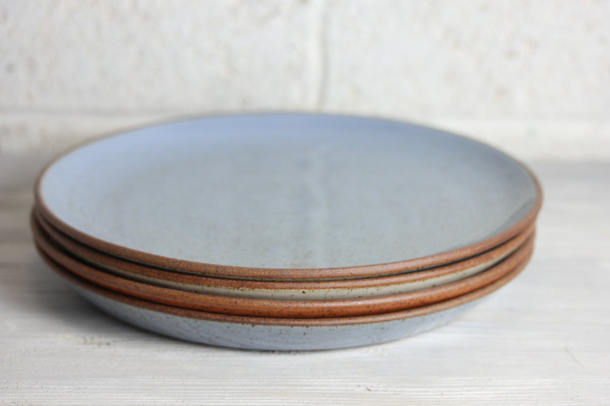 Set of 4 dinner plates. 1 x apricot, 2 x blue, 1 x forest. Seconds Sale #30